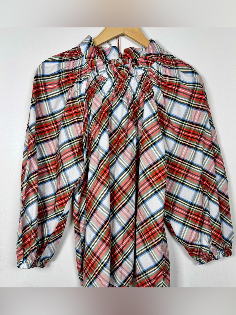 J Crew Smocked neck Cotton Poplin Top Stewart Tartan Plaid Balloon Sleeves Small